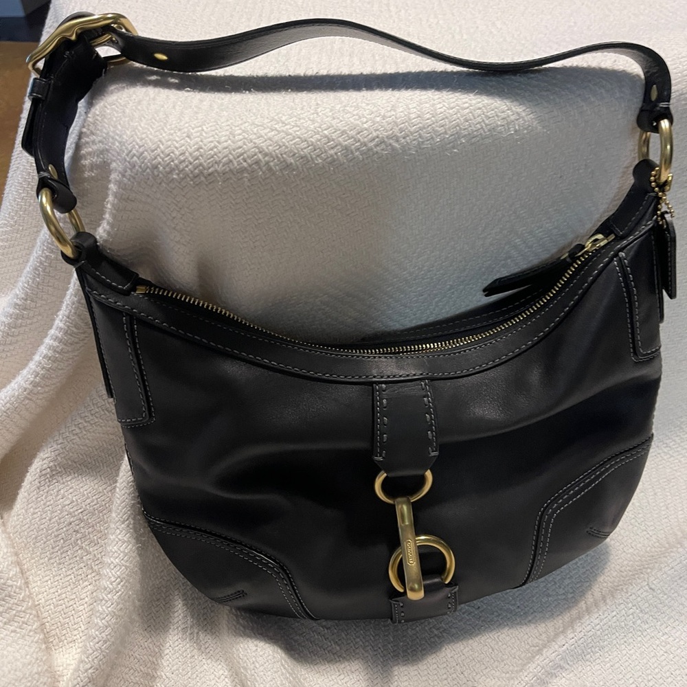 Coach Black Leather Hobo Bag with Gold Accents